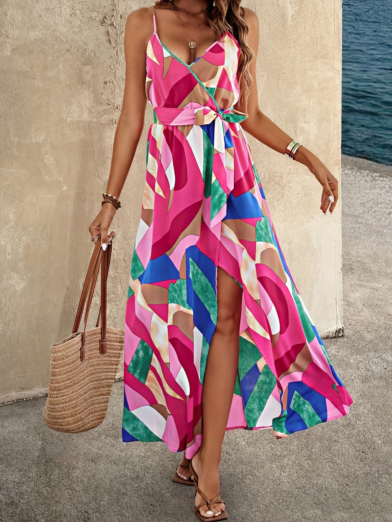 فستان بوهو عالي الخصر ملفوف متعدد الألوان كامي فساتين الحفلات المحدودة