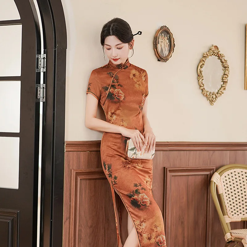 Chinese Style Improved Spring and Summer New Cheongsam Long Dress Women's Clothing plus Size Slim Fit Fashion Banquet
