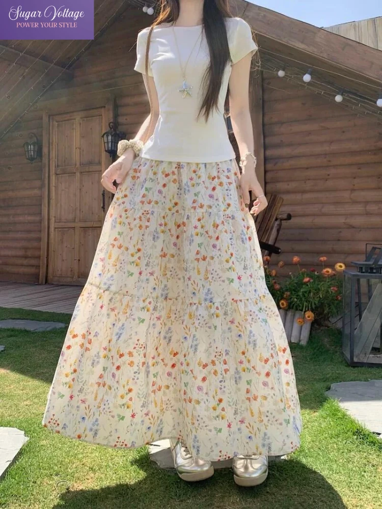 

Sweet Floral Maxi Skirt Women Summer New High Waist A Line Long Skirt French Style Tiered Cake Hem Vintage Cottagecore Outfit