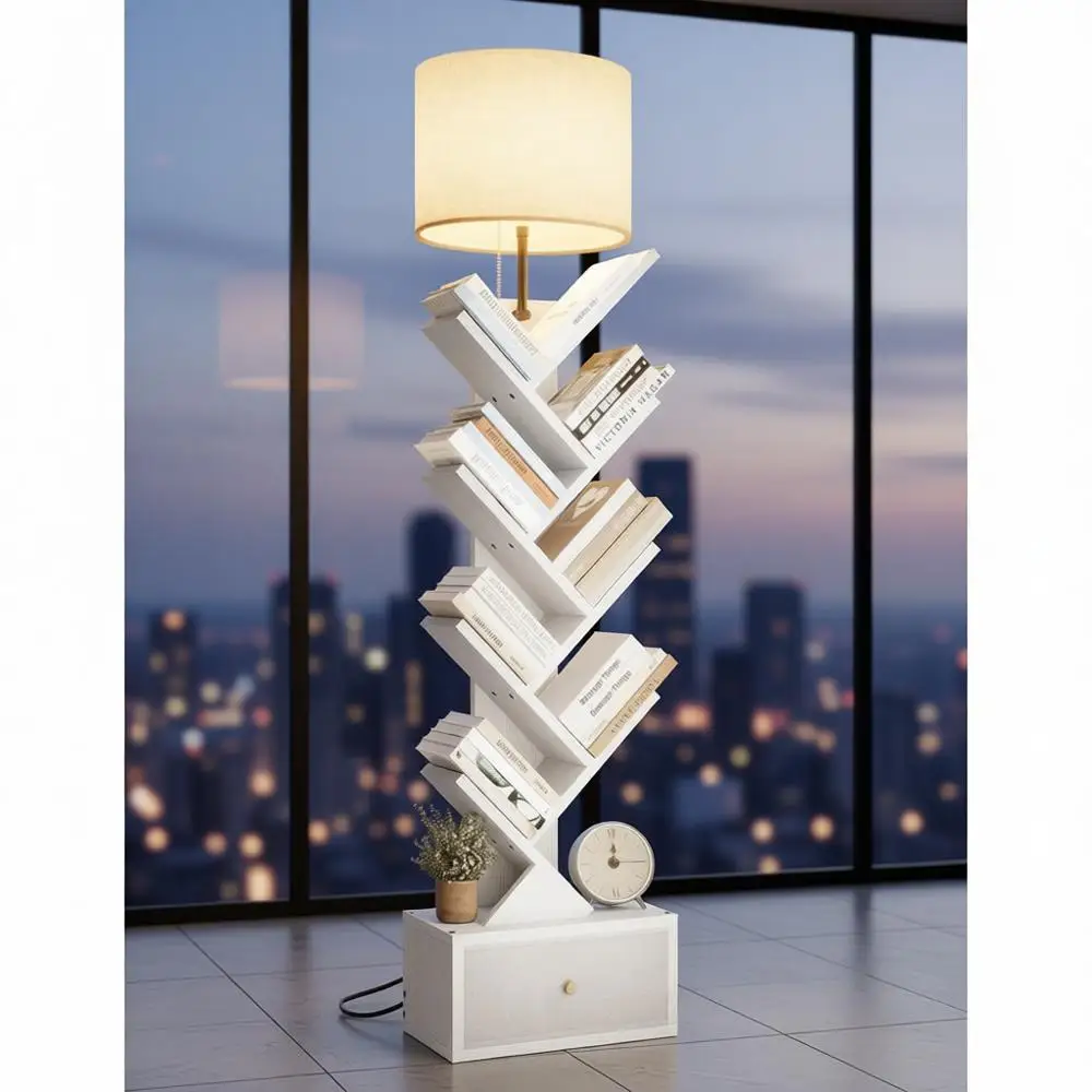 Floor Standing 9-Tier Bookshelf Organizer with Light and Drawer for Books/CDs, White, Ideal for Bedroom and Living Room Storage