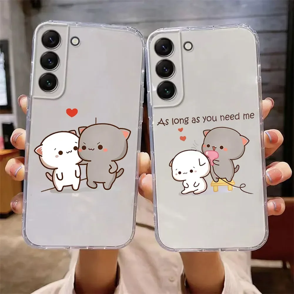 Cartoon Peach Mochi Cat Couple Case for Samsung Galaxy S23 S22 S21 S20 S24 Ultra Plus FE Soft Silicone Phone Covers Clear Fundas