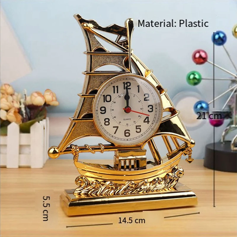 Clock Alarm Sailboat Table Vintage Retro Model Ornament Nautical Desk Clocks Boat Figure Silent Bedside