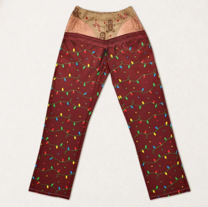 Neue, lustige, unisex-Hose mit ausgeschnittenem Gesäß und Weihnachtslicht-Motiv, gerade geschnitten, als originelle Hose für Weihnachtsfeiern, Feiertage und Freizeitkleidung. – Detail 11