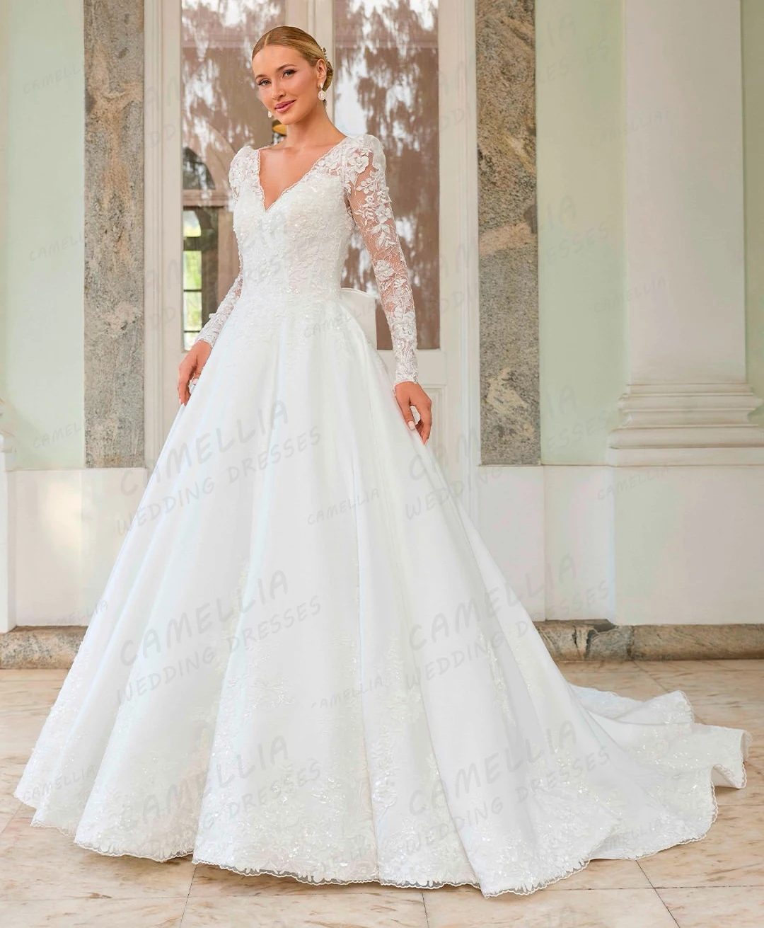 Klassische Brautkleider mit Applikationen für Damen, A-Linie, Brautkleider mit V-Ausschnitt, Spitze, lange Ärmel, Vestidos De Novia, maßgeschneidert, elegante Gala