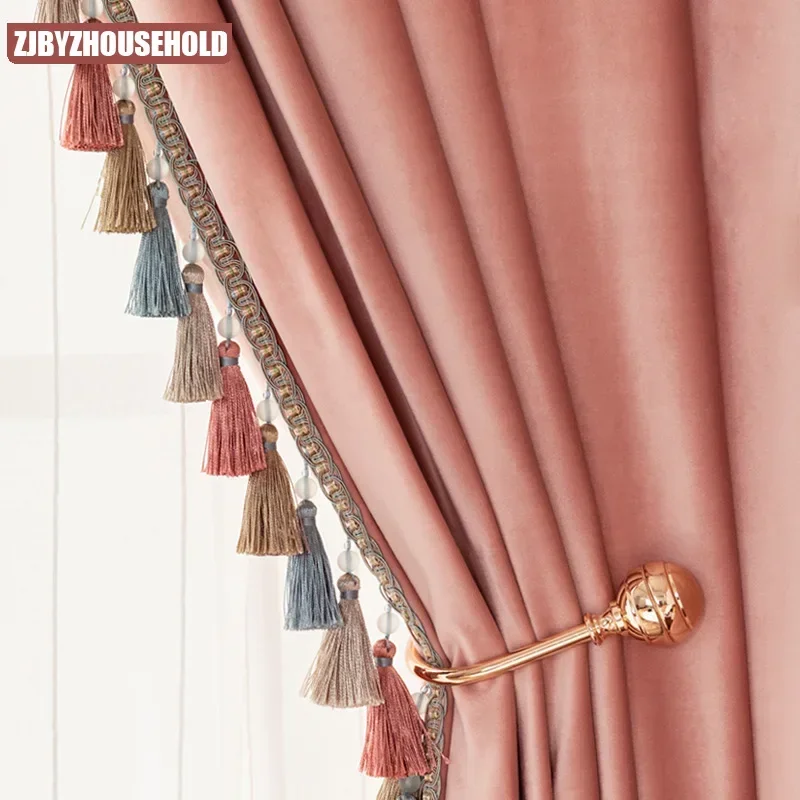 

New American Luxury Velvet Curtains for Living Room Bedroom Girl Nordic Simple Thickened Textured Pink with Tassel Custom
