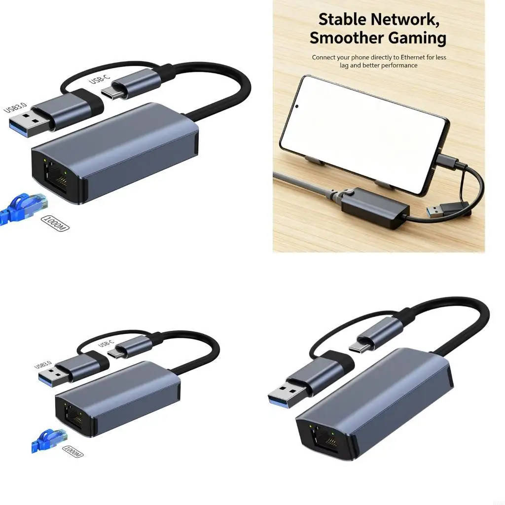 RJ45 Ethernet Dongle with USB-A and Type C Host Plugs, 10/100/1000 Mbps Speeds, No Driver Installation, and Home Office 896C
