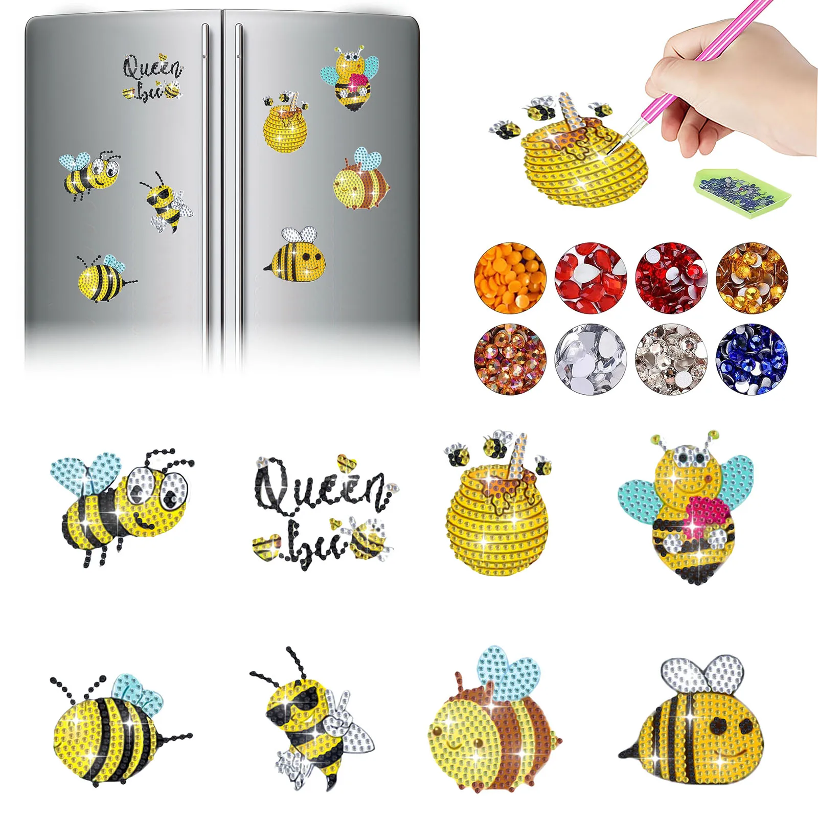 8-sets doe-het-zelf diamantkunstschildersets, dierenpatroon van acrylmateriaal met magneetdecoratie koelkastmagneten.
