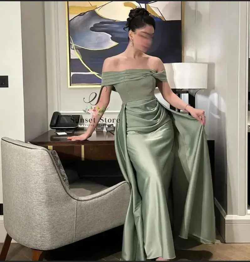 Customized Green Evening Dress Off the Shoulder Pleat Formal Gown Satin Mermaid Long Wedding Guest Party Dress Overskirt