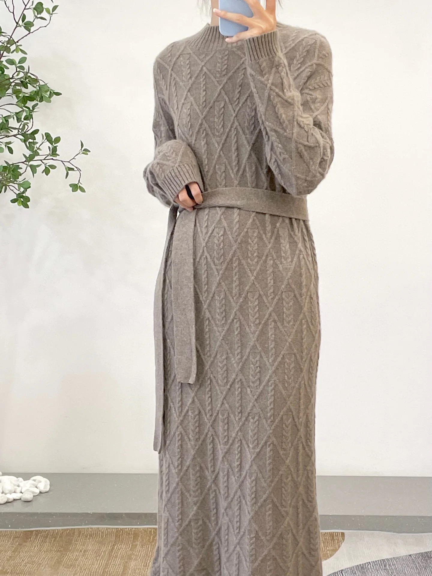 

Half high neck cashmere mid length autumn winter sweater knitted dress