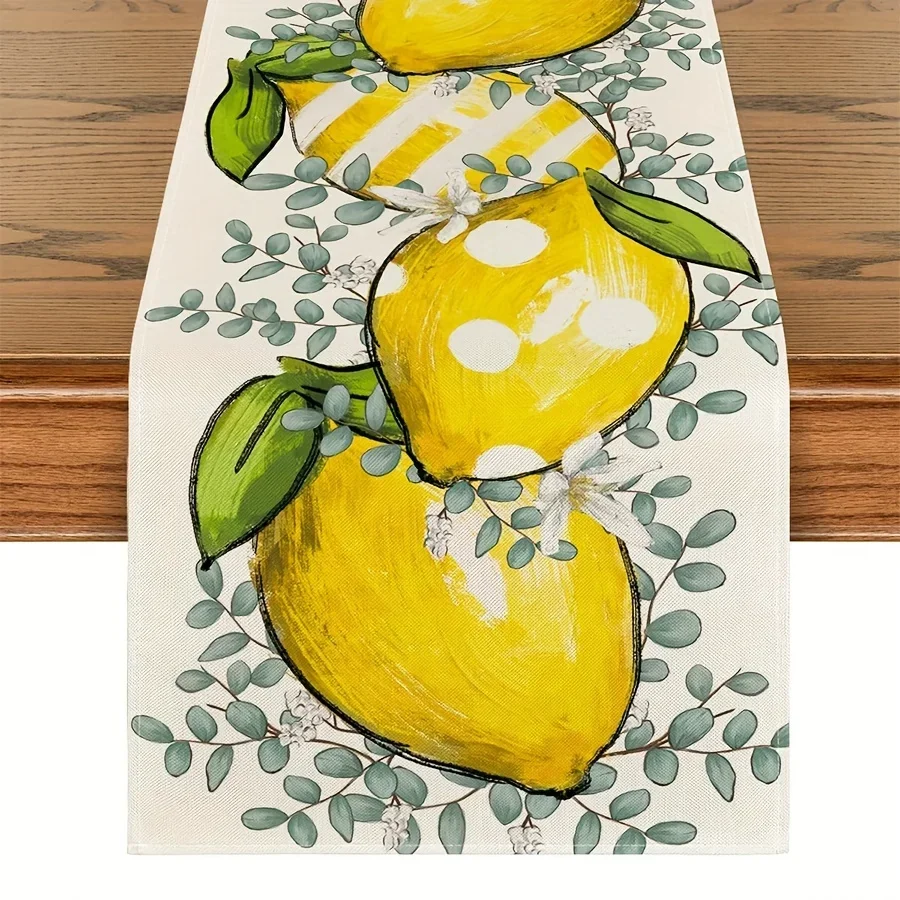 1Pc Lemon Print Table Runner Yellow Fruit And Leaf Pattern Table Cover For Kitchen Dining Room Decoration Tabletop Decor