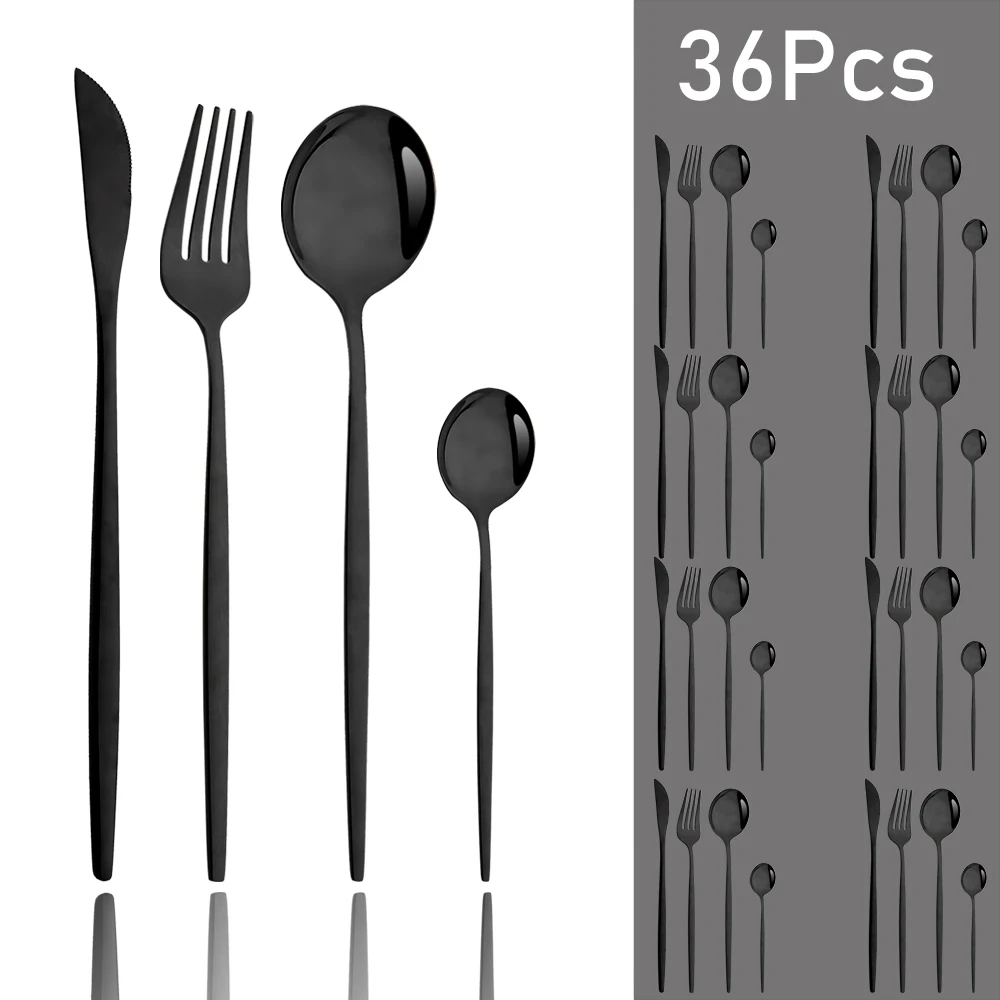 36Pcs Western Silverware Set Stainless Steel Cutlery Mirror Knife Fork Coffee Spoons Flatware Set Home Kitchen Dinning Tableware