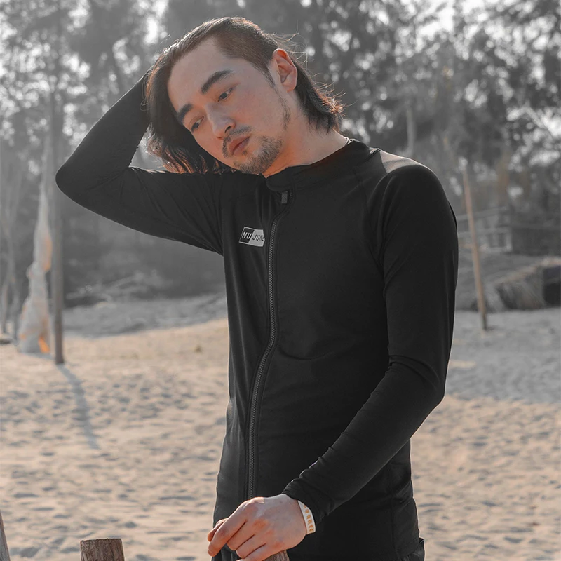 Nu-June Męskie UPF50+ Rash Guard z długim rękawem Szybkoschnący Surfing Stroje kąpielowe do nurkowania Ochrona UV Zamek błyskawiczny Kombinezon kąpielowy Szorty kąpielowe