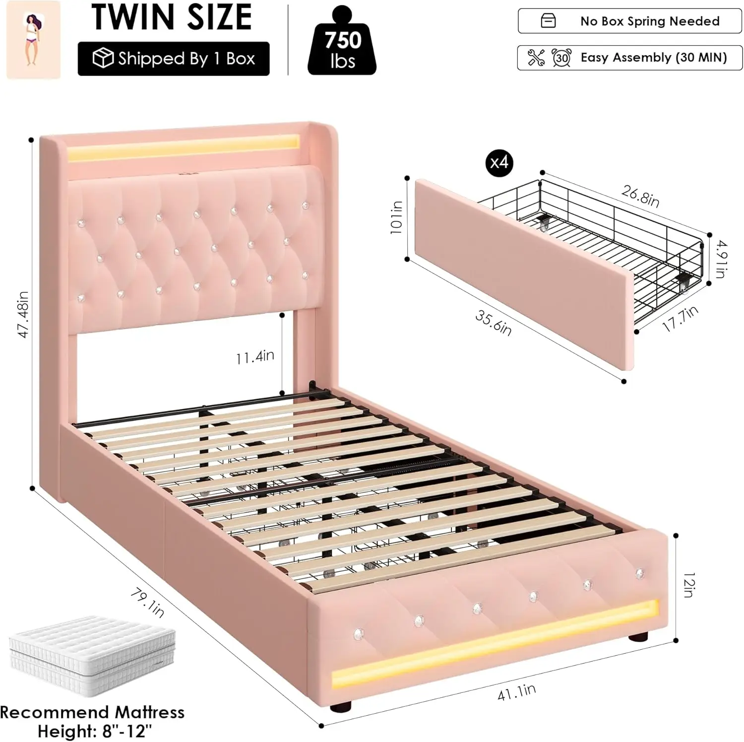 Upholstered Twin LED Bed Frame with Charging Station Headboard & 4 Storage Drawers, Velvet Crystal Button-Tufted Princess