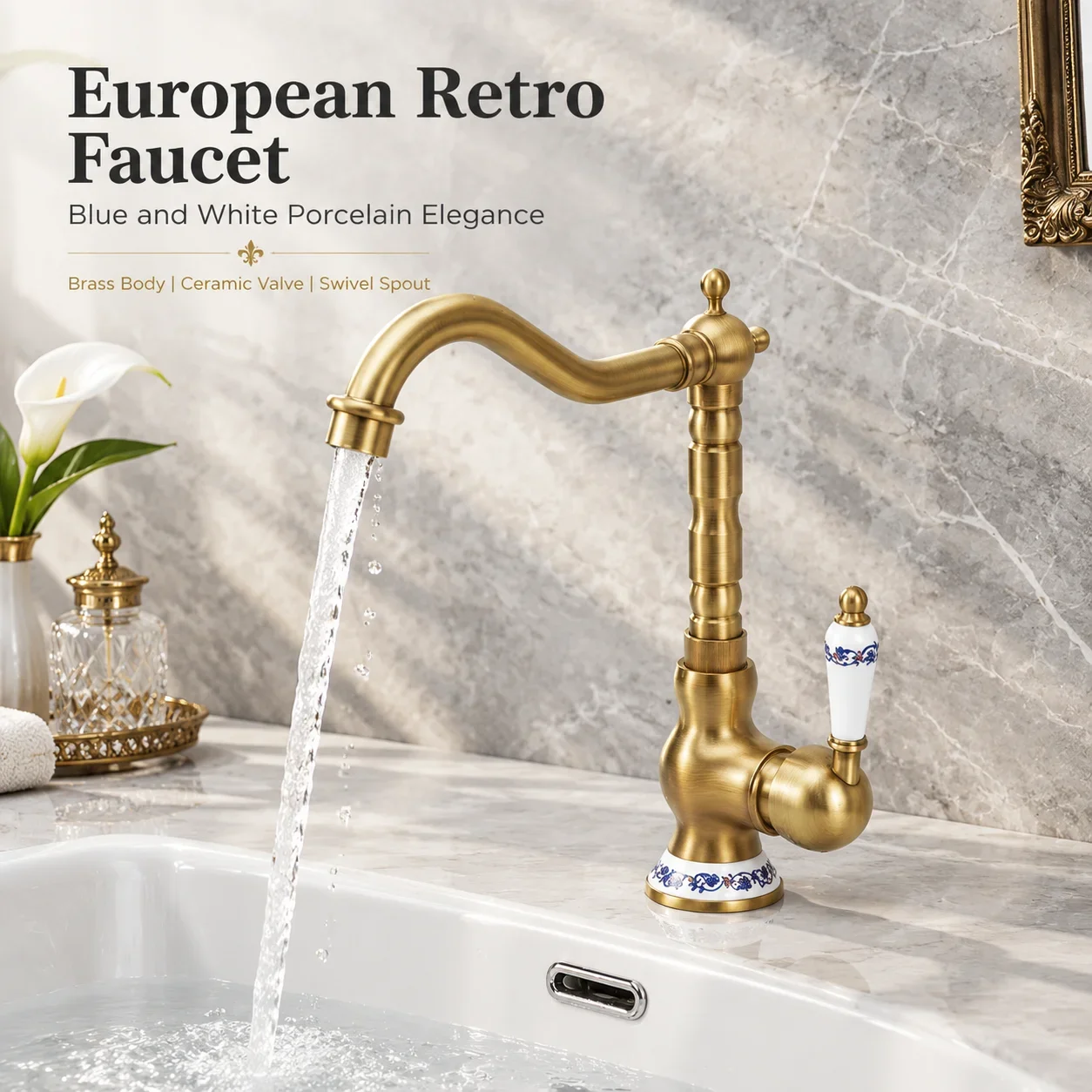European retro bathroom basin faucet with brass body, blue and white ceramic decoration, 360 ° rotating spout, basin on the tabl