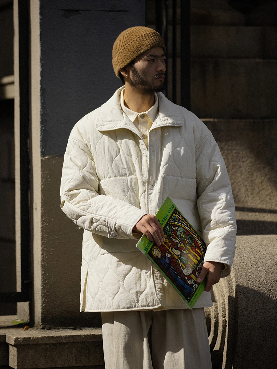 

NOEARS Men's Oversize Cotton Jaet Quilted Stand Collar Side Slit Mid-White Winter Design Sensation Casual Outerwear