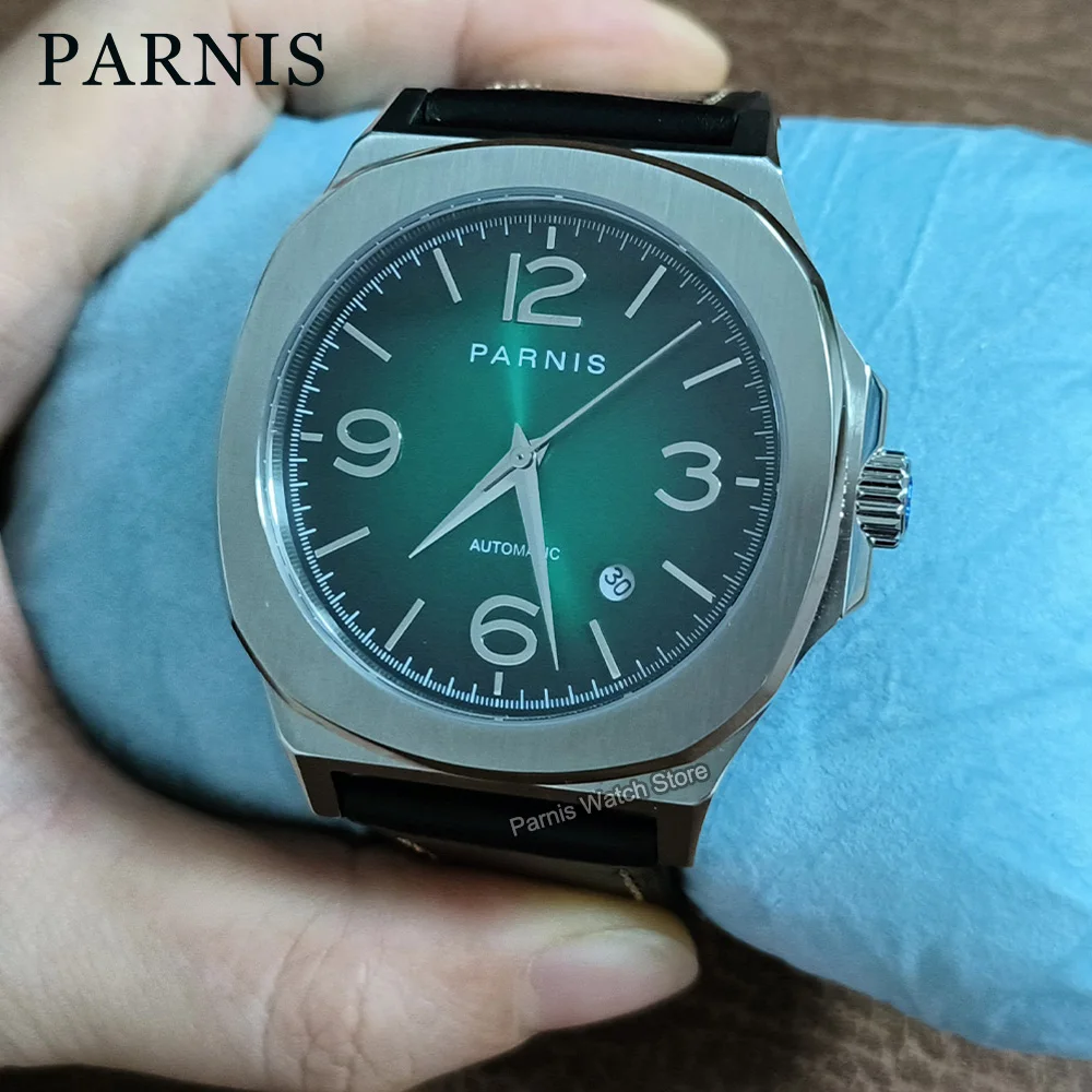Parnis 42mm Cristal de Safira Miyota8215 Automático Preto Verde Mostrador Masculino Relógio Mecânico