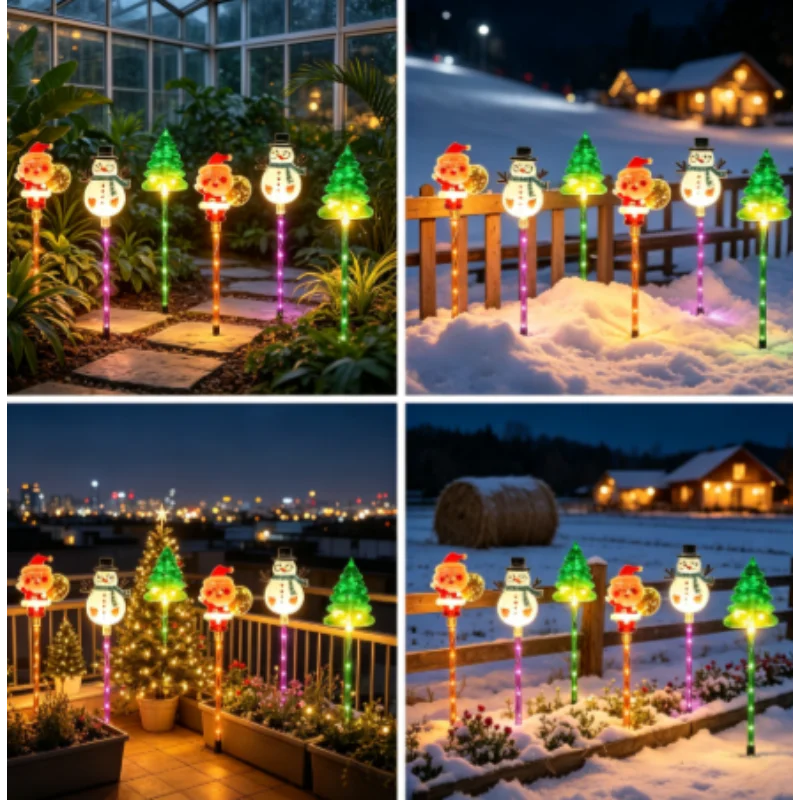 6 in 1 Solar Lawn Stake Lights Outdoor Waterproof Christmas Santa Snowman Tree Multi-color LED for Holiday Garden Backyard Decor