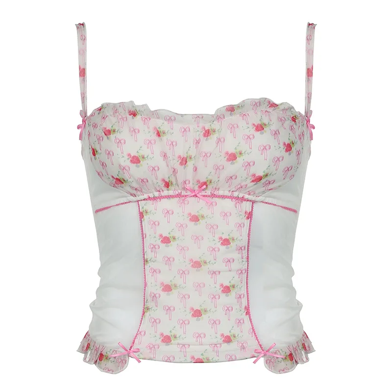 Sweet and Spicy Girl Cherry Printed Mesh Camisole2024Spring and Summer New Contrast Color Wooden Ear Slimming Hot Girl Vest