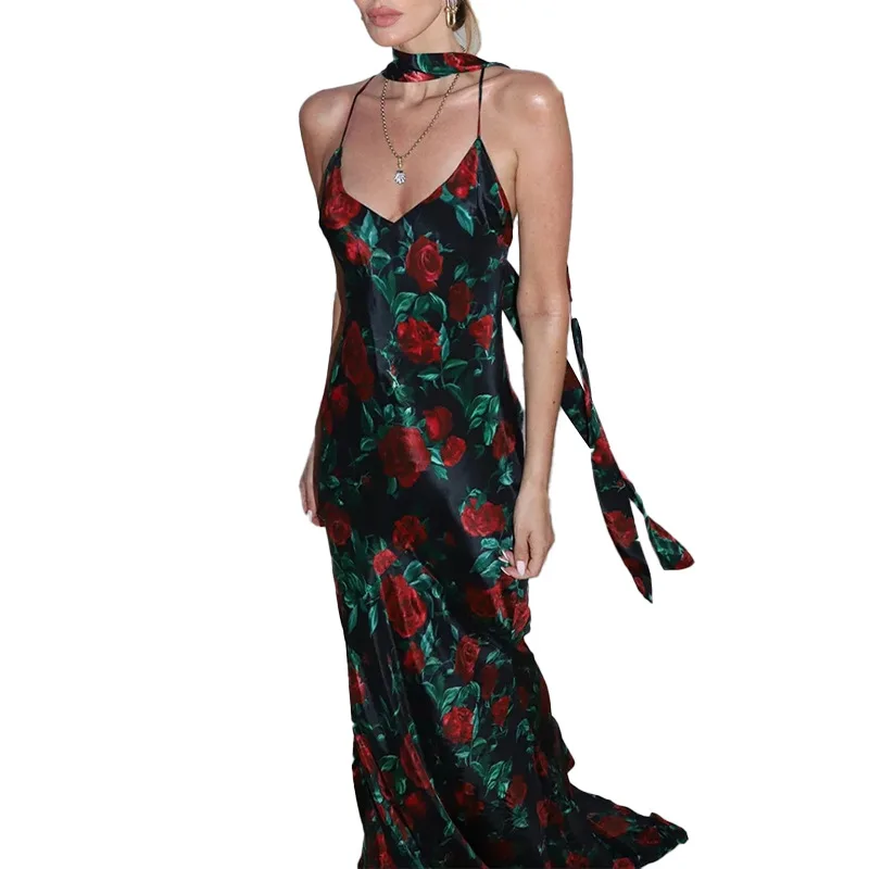 فستان ماكسي صيفي مثير مطبوع بدون ظهر لعام 2025 للنساء فستان أنيق بدون أكمام عالي الخصر للحفلات المسائية والنوادي فساتين طويلة