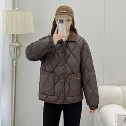 Diamond Plaid Cotton-Padded Jacket Women Outwear 2024 Autumn Winter New Wash-Free Loose Contrast Color Short Warm Cotton Jacket