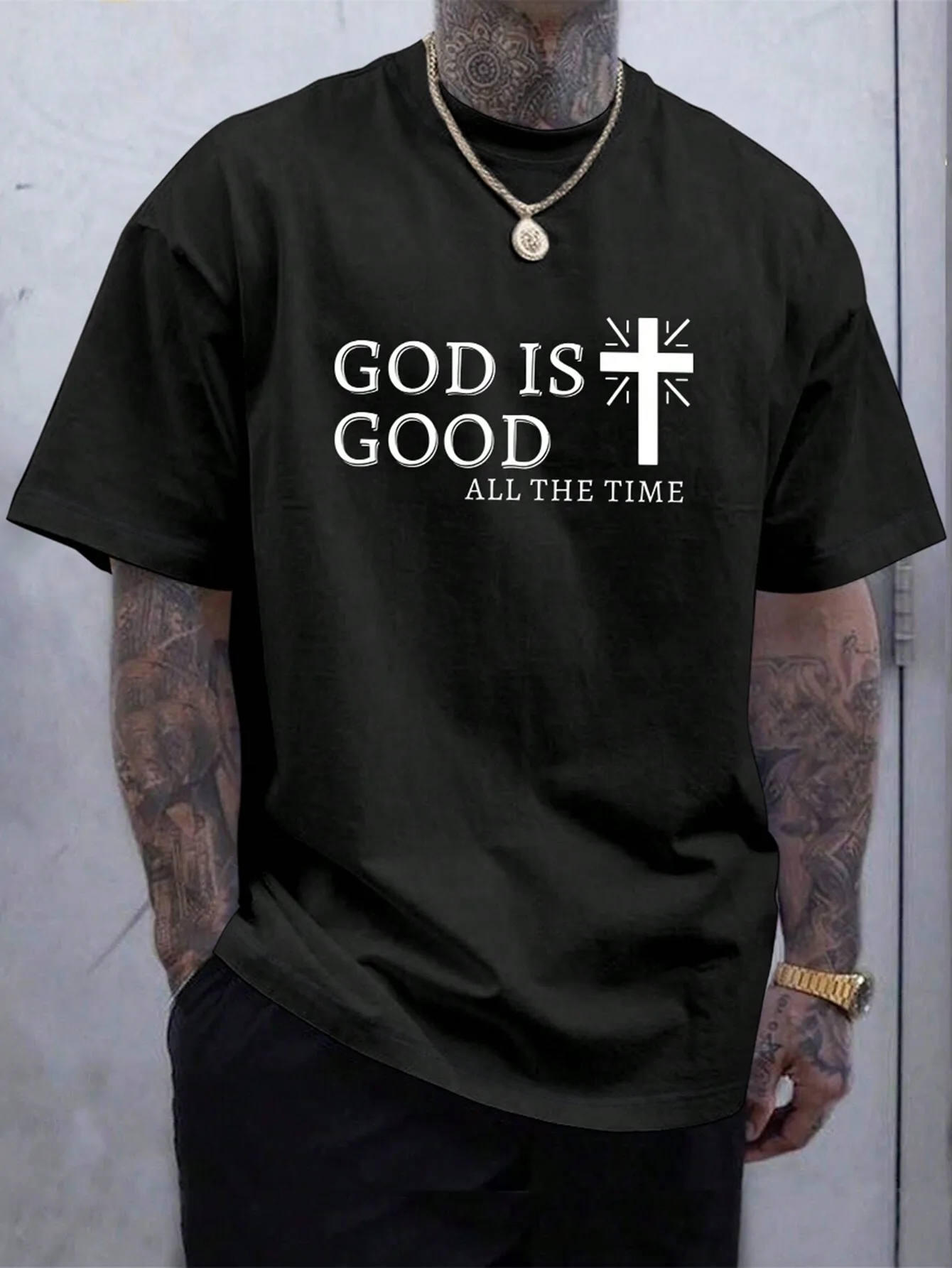 Manfinity LEGND Men Casual Summer Cross & Slogan Graphic Printed Short Sleeve T-Shirt, For Friends