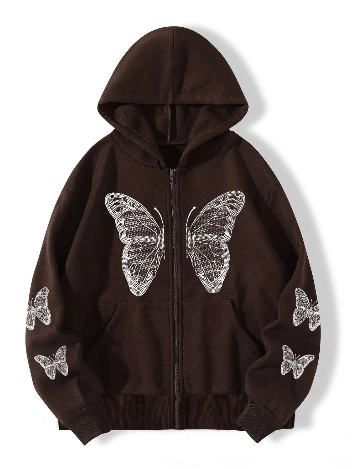 Xuanshow Herbst Winter Frauen Reiß verschluss Hoodie Sweatshirt Schmetterling lose Reiß verschluss Vorder tasche lässig Streetwear Kapuze Jacke Mantel – Detail 20
