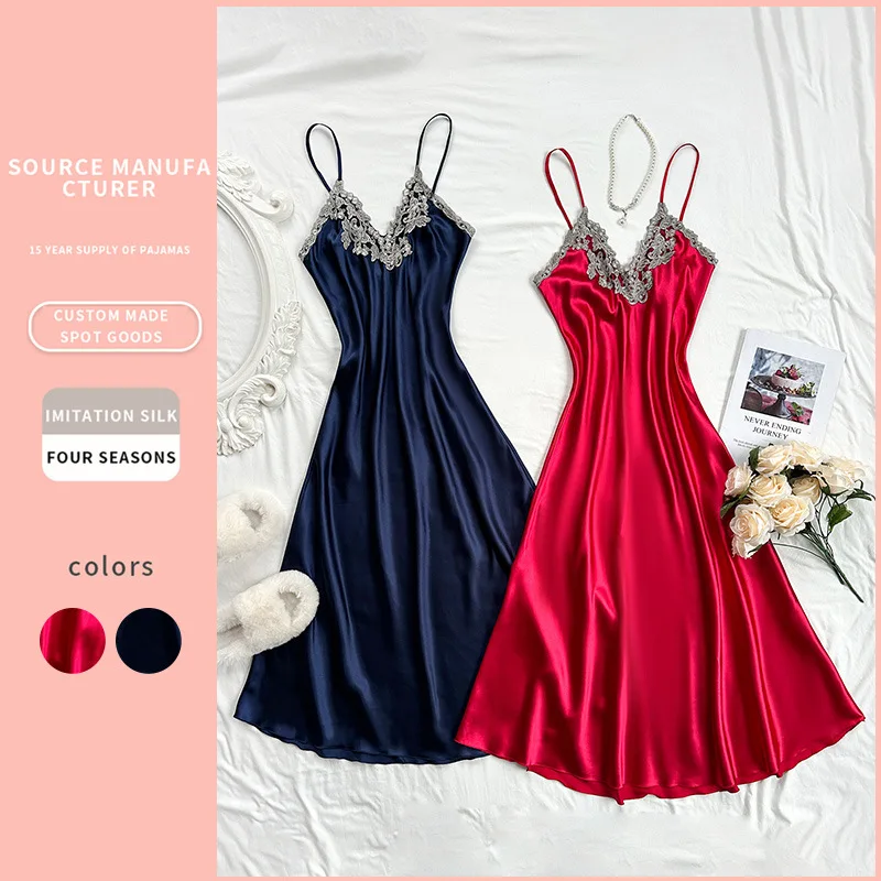 2PCS Backless Suspender Skirt Dress for Women Comfortable Pajamas Summer Solid Silk Satin Imitation Silk Sexy Backless Nightgown