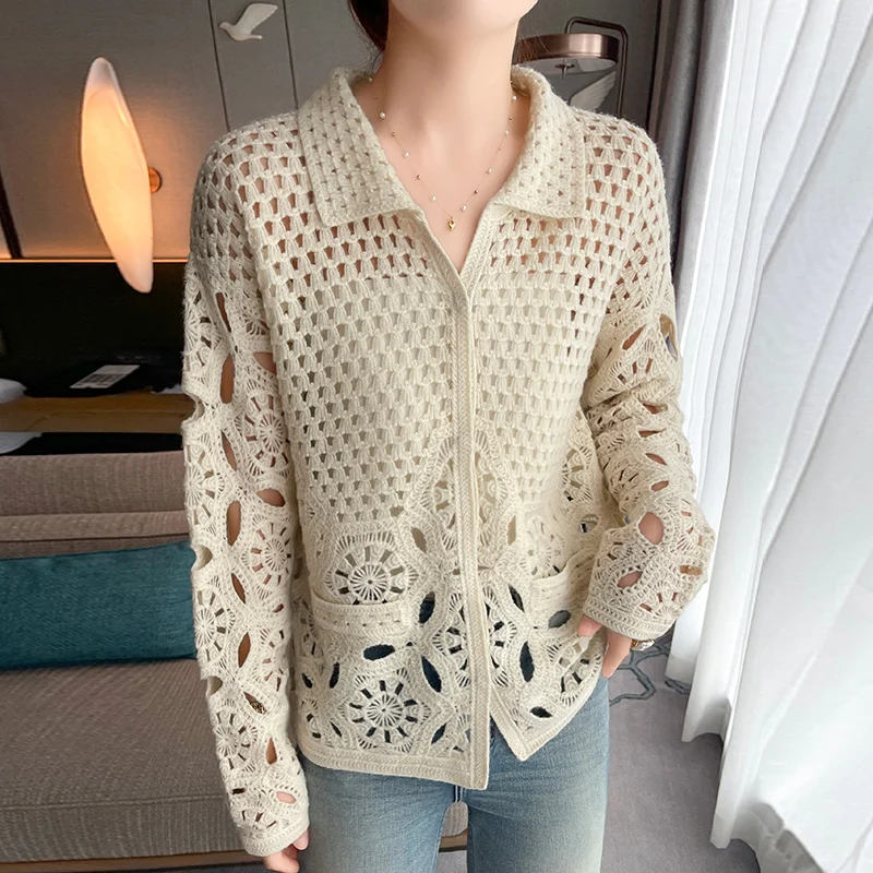 Embroidered Hollow Pure Wool Knitted Cardigan Women\'s Lapel Loose Fashion Casual Single-Breasted Long-Sleeved Coat JQ324