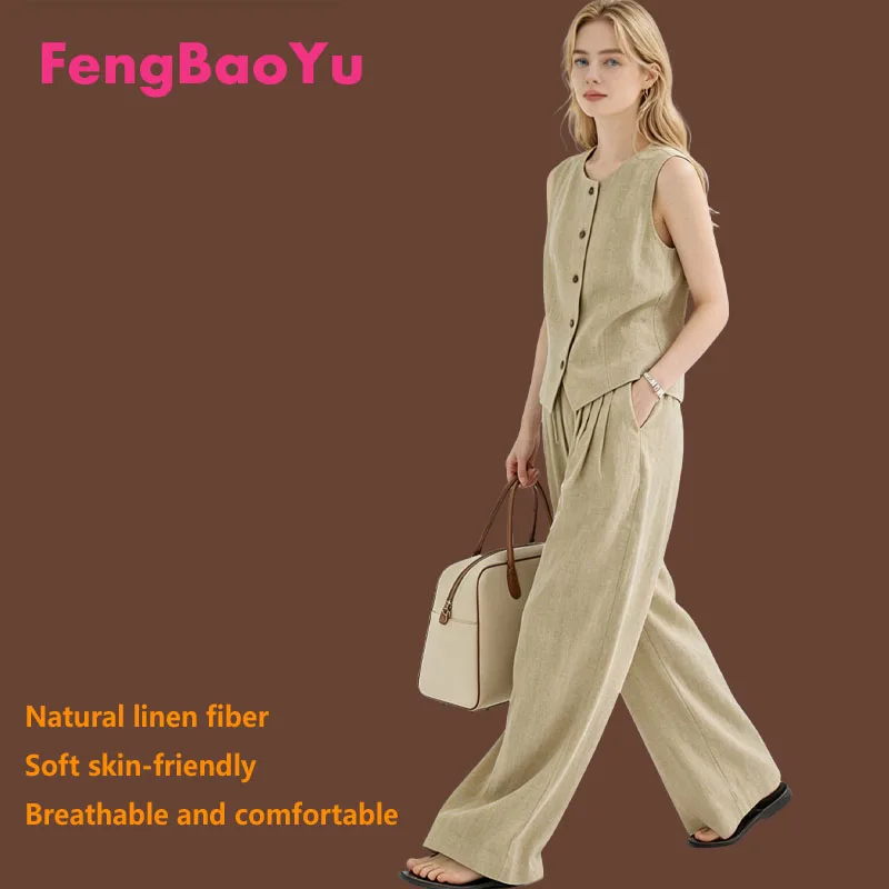 

Fengbaoyu 100% Natural Linen Women's Blouse Wide Leg Pants Set Stylish Fashionable Women's Loose-Fitting Comfortable Clothing