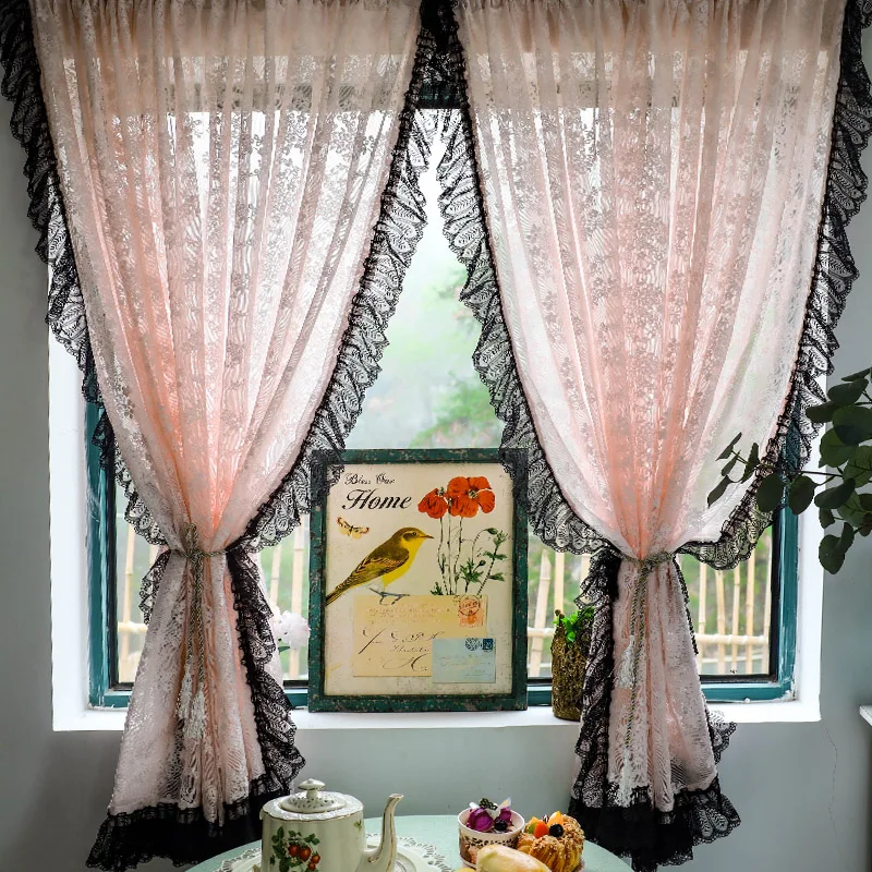 

Vintage Black Lacework with Pink Jacquard Sheer Floral Curtains For Bedroom Romantic Elegant Living Room Cortinas Decoration