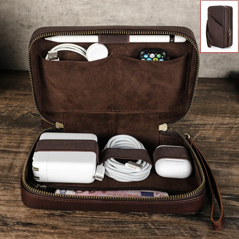 Portable Shockproof Leather Storage Box for Apple Data Cable Capacitive Pen Handmade Zipper Pouch for Small Phone Accessories