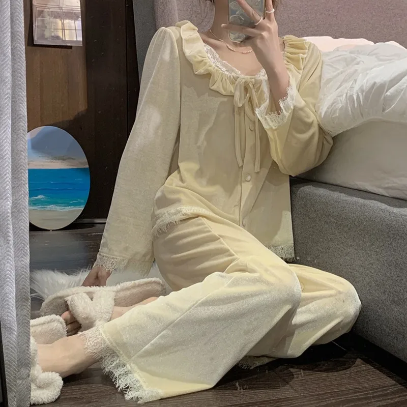

Высококачественная весенне-осенняя одежда для сна, золотистые бархатные брюки с длинным рукавом, комплект из двух предметов, Пижама для женщин, домашняя одежда