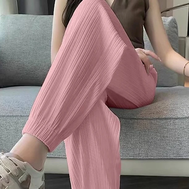 Ice Silk Women's Sport Pants Spring Summer Thin Black Cuffed Sweatpants Large Size Casual Straight Sun Protection Lantern Pants