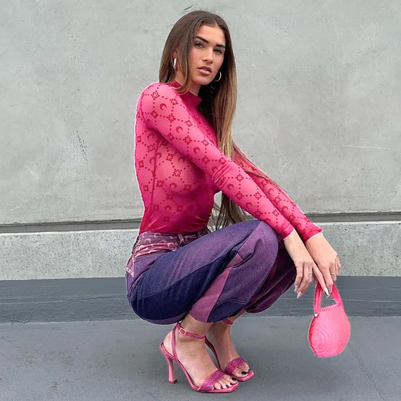 

Сексуальная прозрачная тонкая футболка с высоким воротником для девочек, креативная уличная футболка, осенне-зимняя верхняя одежда, основа L...