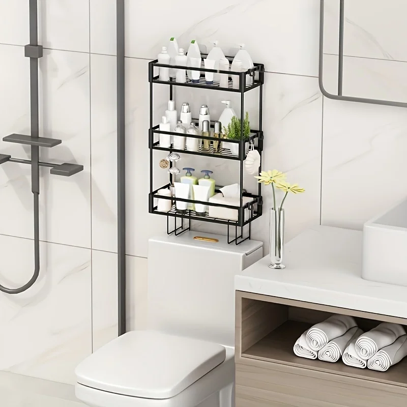 Badezimmer-Organizer über dem Toiletten-Aufbewahrungsschrank, 3-stufige schwebende Regale, Wandregal mit 2 Haken und Papierregal, cooles Zubehör