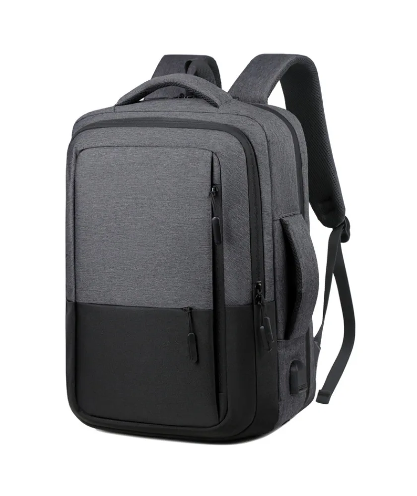 Gray and black color block laptop backpack with USB port multi compartment design water resistant fabric suitable for office