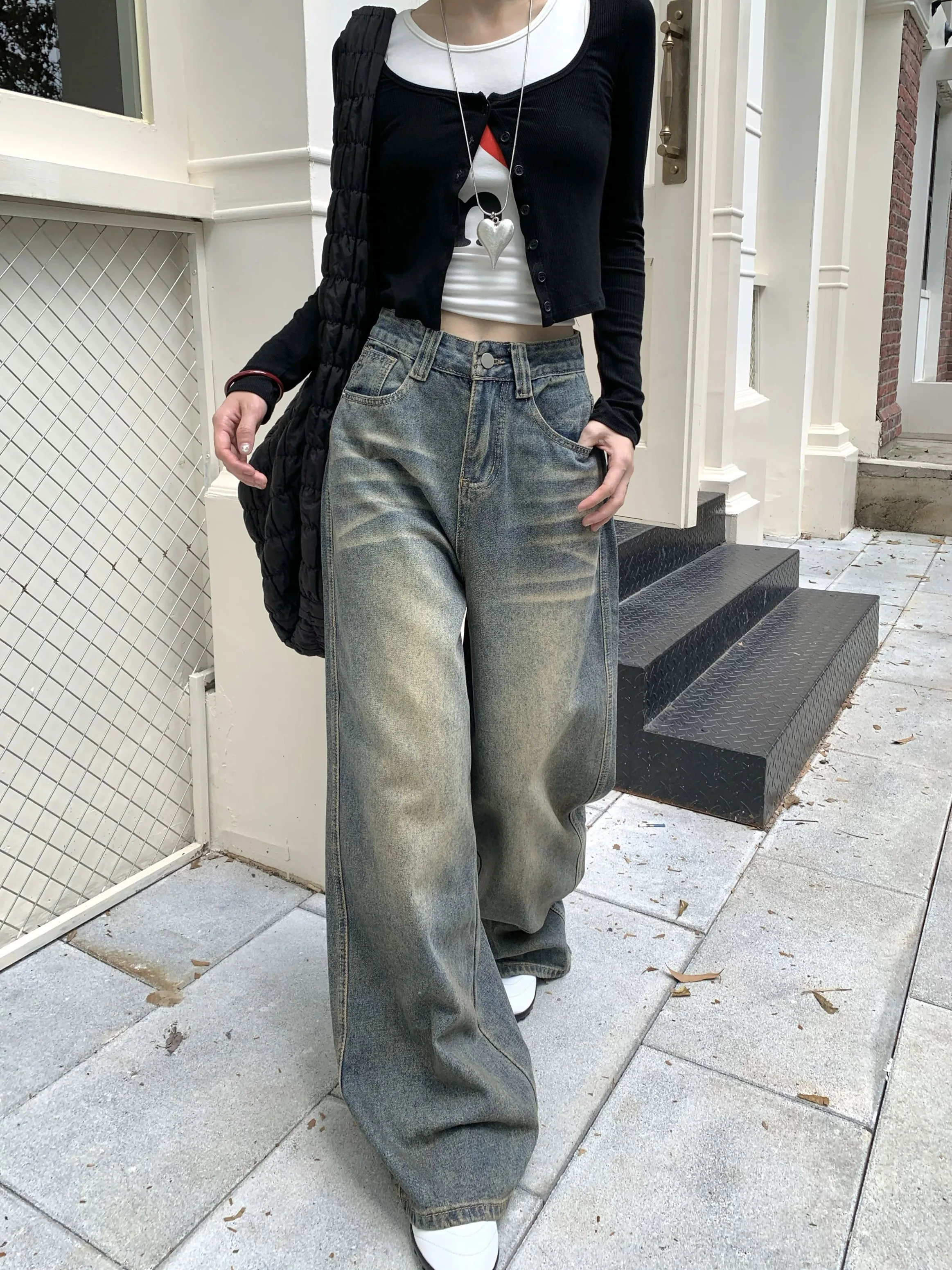 High Waist Jeans Women Vintage Streetwear Temper Korean Style Loose Casual Trousers Autumn Harajuku Голубые Джинсы Design Cool