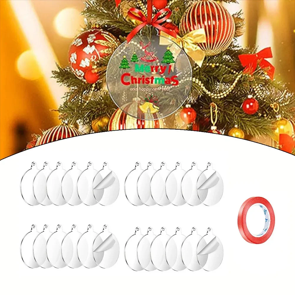 24pcs DIY Clear Flat Ball Christmas Baubles Acrylic Round Baubles Craft Xmas Tree Hanging Ornaments Home Party Decoration