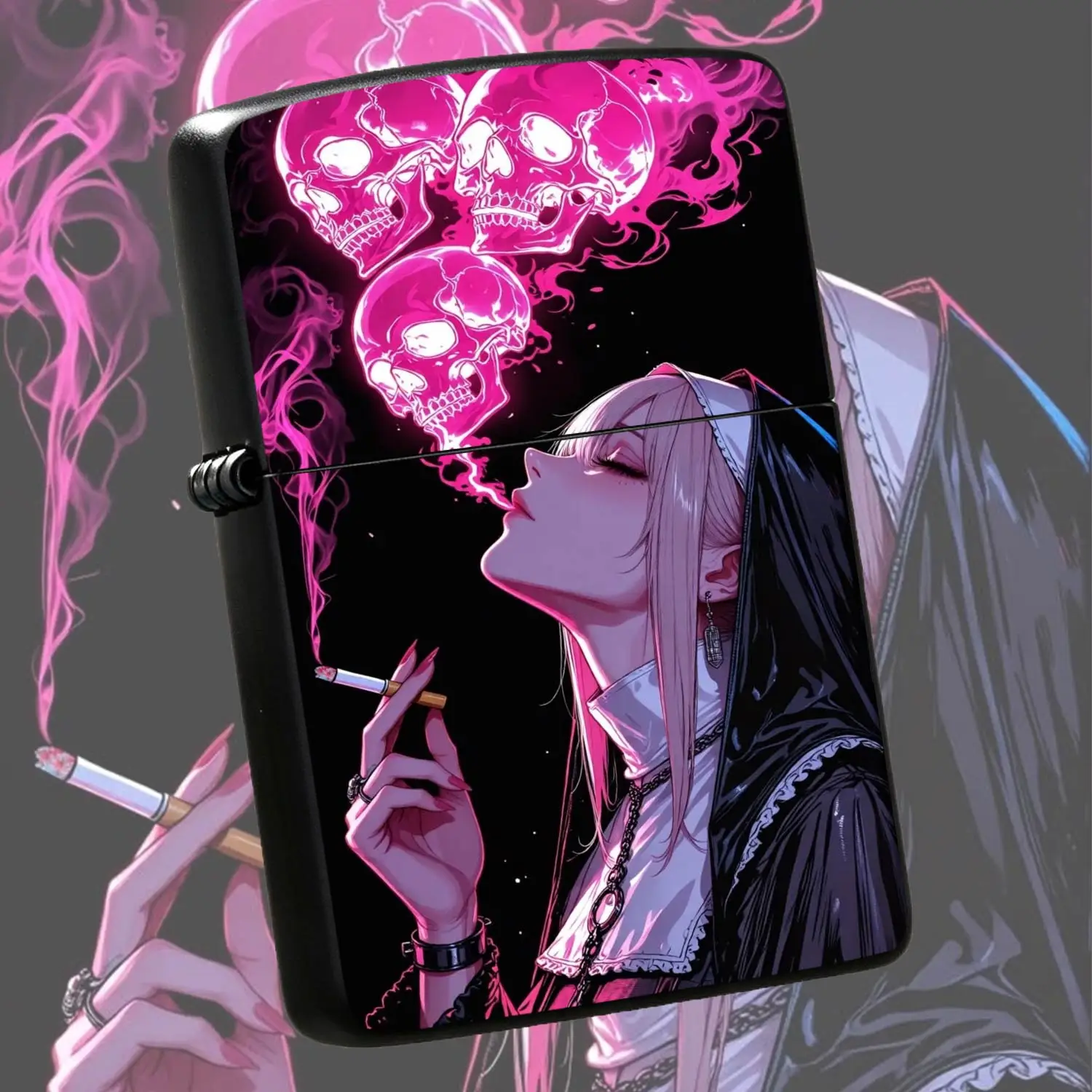 Dark Cyber Style Neon Pink Nun Themed Lighter, Trendy Artistic Graphic Portable Daily Essential, Versatile For All Scenarios, Unique Stylish Gift For Friends And Hobbyists, Exquisite Vibe Cool Practical Carry Accessory A Humorous And Intere