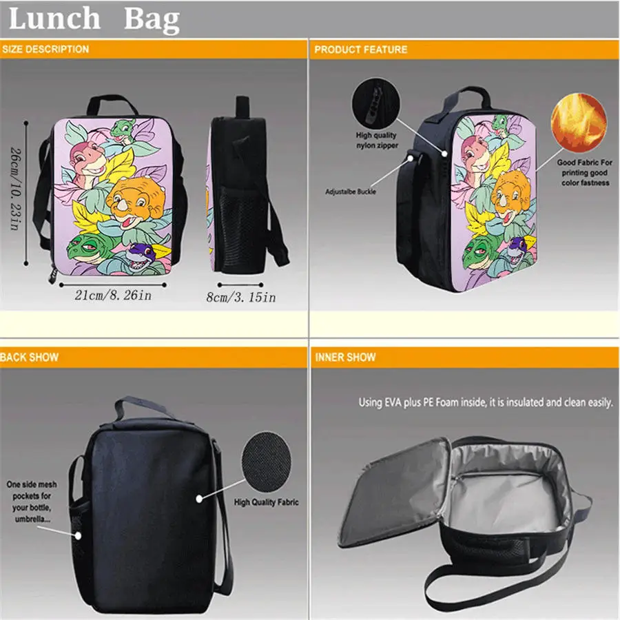 Children's Lunch Bag, Cartoon Dino-saur Picnic Bag For Both Boys and Girls, Insulated and Refrigerated Bag For Kids Aged 4-10