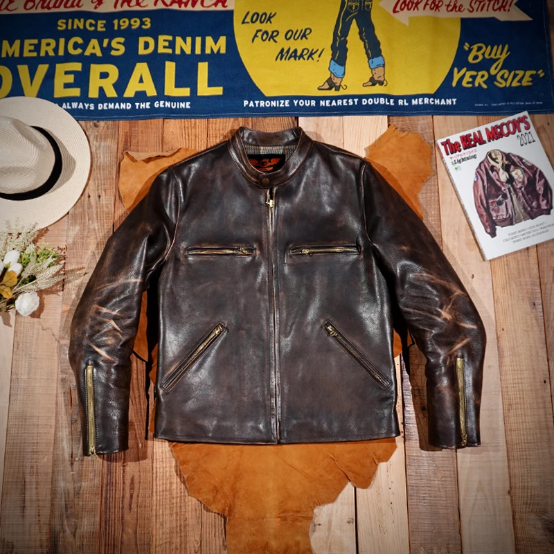 Blunt Razor American Retro Hand Rubbed Color Made 1930S Tea-Core Cowhide Men Stand Collar Heavyweight Biker Short Jacket