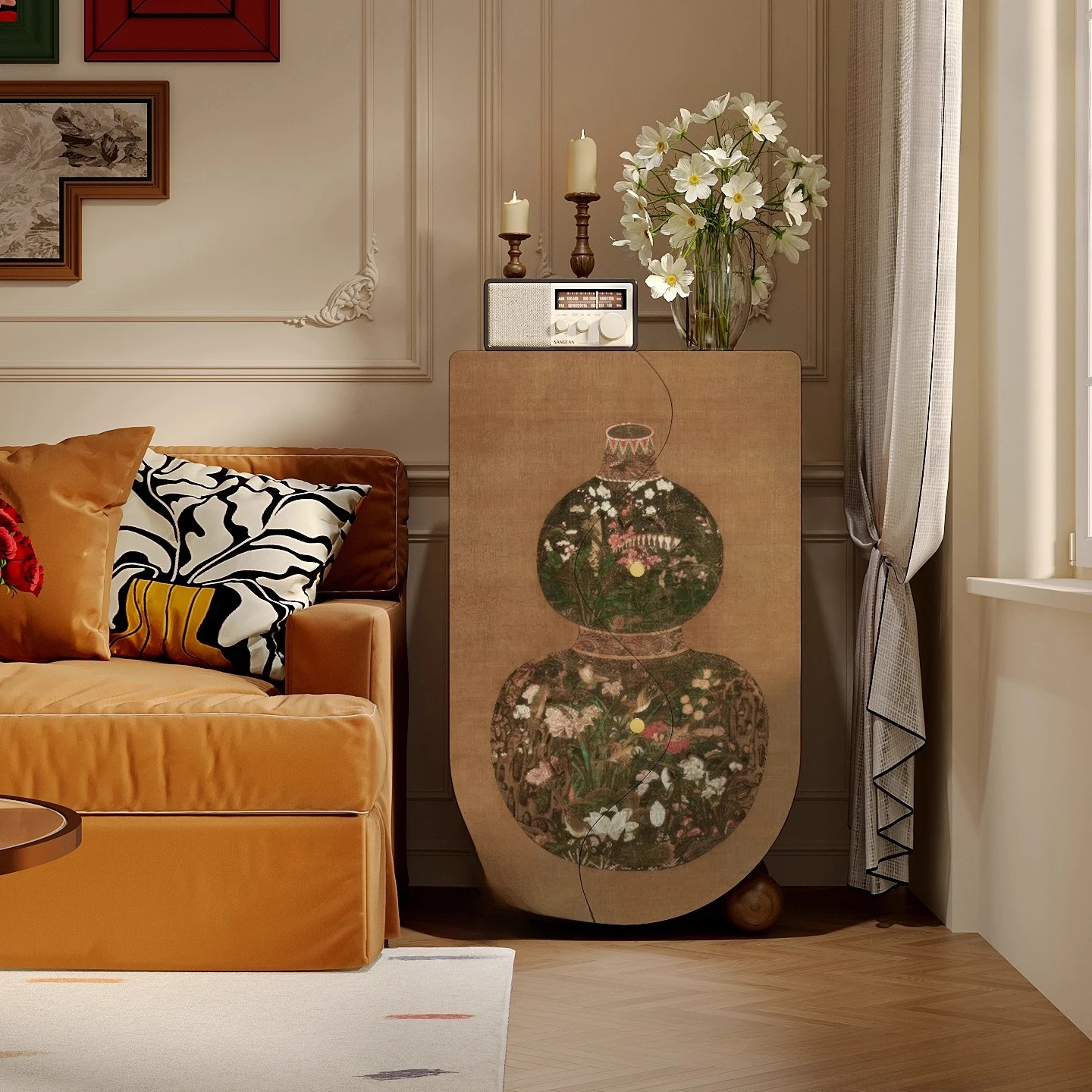 Gourd vase Chinese style advanced sense solid wood bucket cabinet painted art entrance cabinet living room storage cabinet