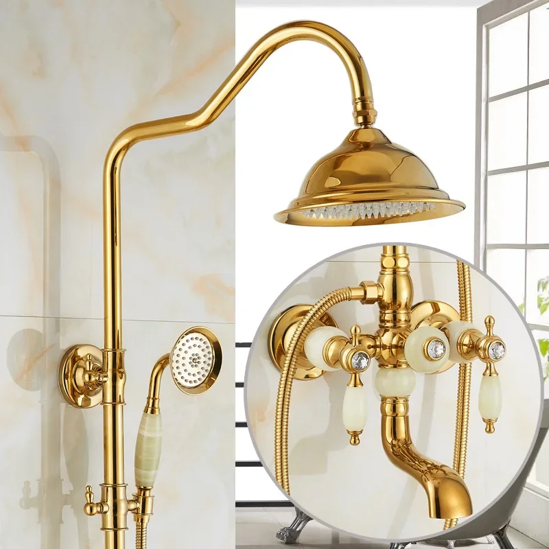 Brass and Jade Shower Faucet Wall Mount Rose Gold Bathtub Faucet Hand Rain Shower Head Tap Luxury Brass Shower Mixer Gold