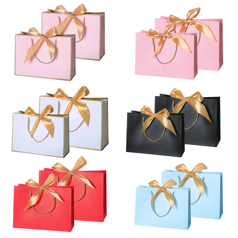 10Pcs Pink White Gift Bag  Box Gold For Packaging Kraft Paper Bags With Ribbon Wedding Box Business Shopping Clothes Package