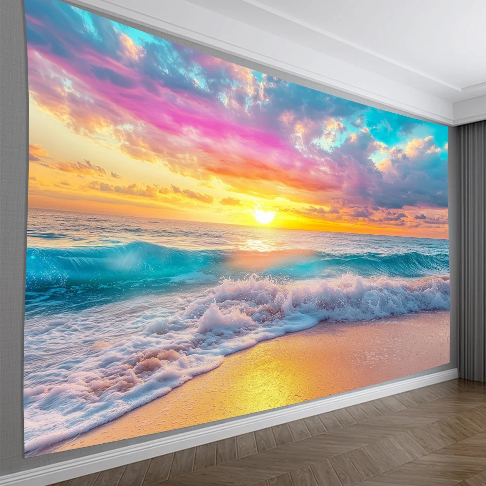 [1pc Polyester Tapestry] Polyester 1pc Colorful Sunset and Ocean Waves Tapestry | Universal Elegant Style Hanging Wall Decor for