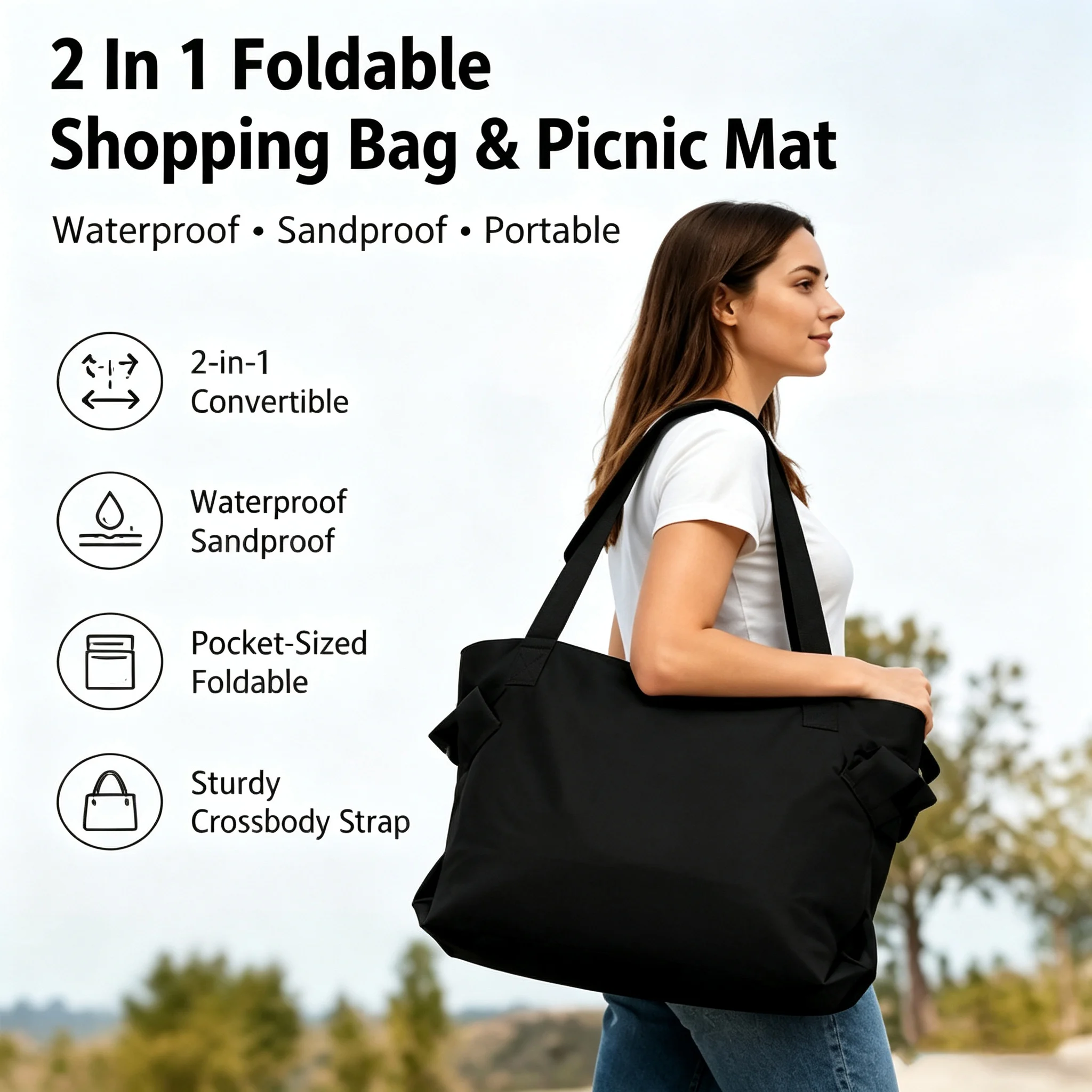 2 In 1 Foldable Shopping Bag & Picnic Mat Waterproof Sandproof Portable Crossbody Tote Bag for Supermarket Camping Beach Travel