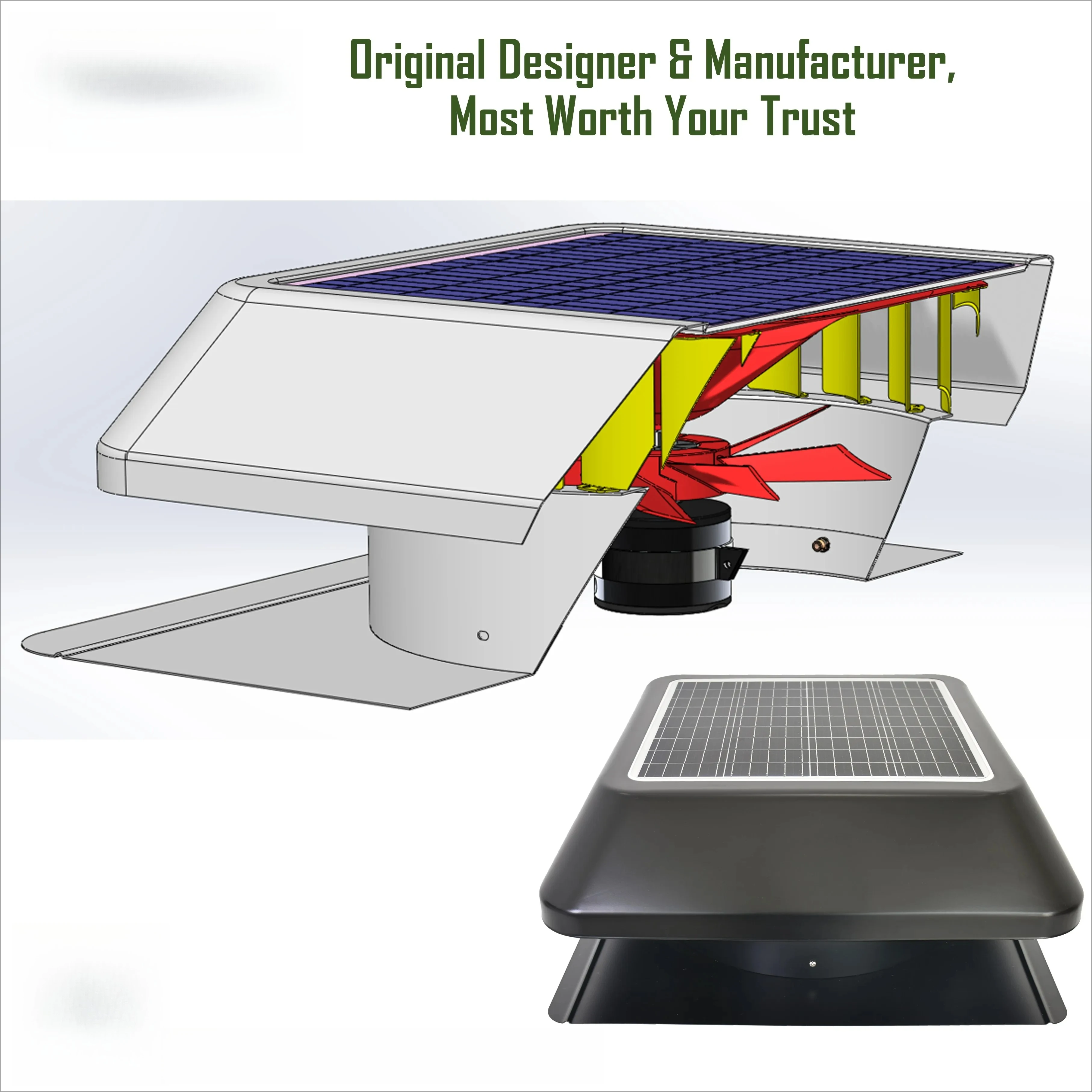 سقف علوي نفق تنفيس الهواء الأخضر 14 ''25 واط تعمل بالطاقة الشمسية العلية الحرارة النازع الهواء المروج عالية السرعة تيار مستمر مروحة تهوية السقف