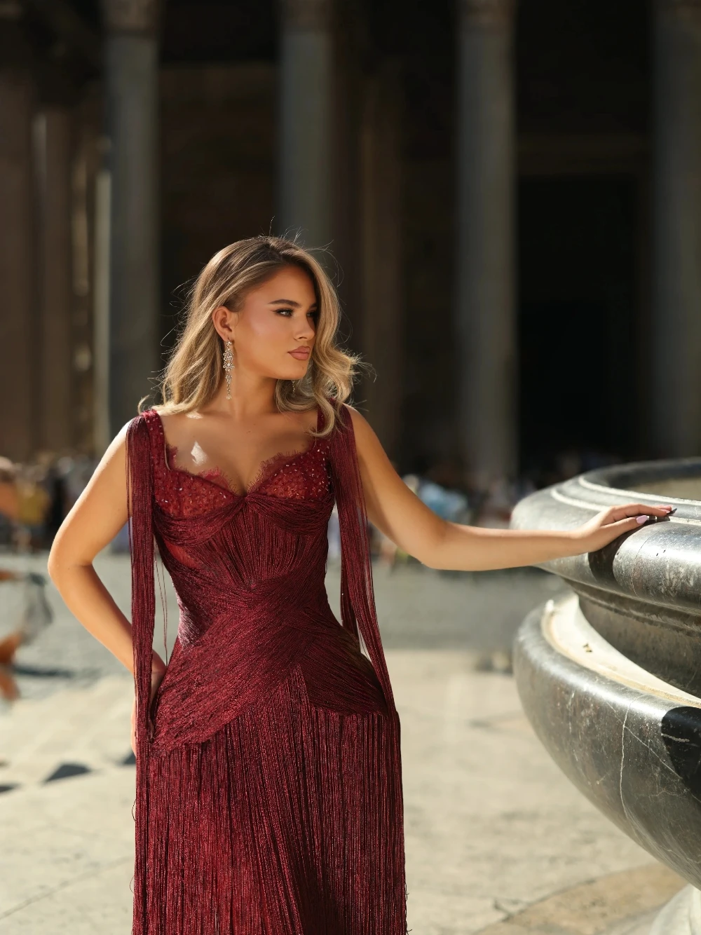 Burgundy Long Tassel Fringe Prom Dress Sweetheart Beaded Formal Fashion Evening Gown For Women Wedding Guest Birthday Party Wear
