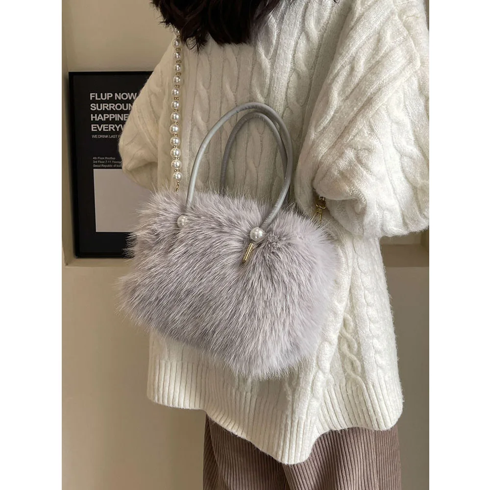 Elegant Wome nPlush Tote Bag Solid Soft Stachels Handbags Large Capacity Female Casual Fluffy Crossbody Chain Shoulder Packs