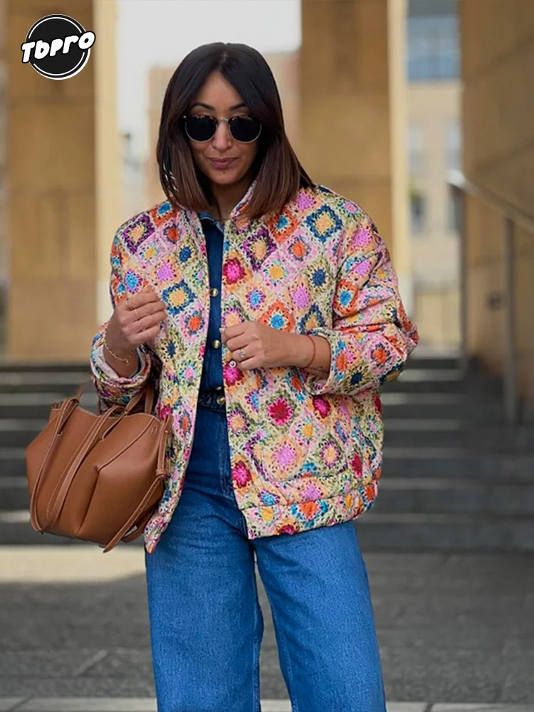 Chaquetas de algodón acolchadas con estampado para mujer, abrigo elegante de manga larga con cuello levantado y botonadura única, ropa de calle